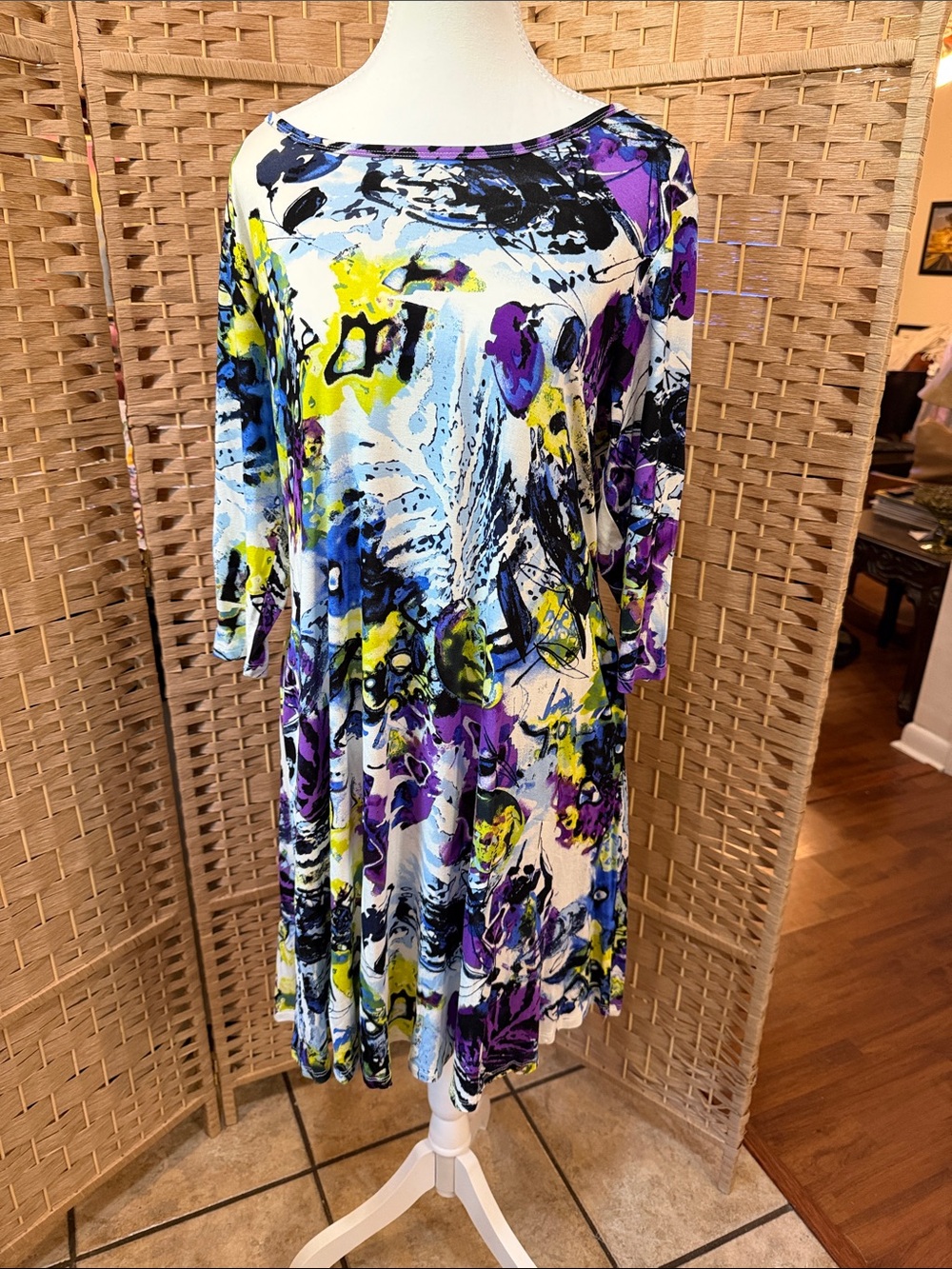 Annabelle Abstract Floral Long Sleeve Swing Dress in Blue, Purple & Yellow